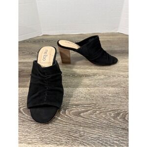 Me Too Sandals Women's 8.5 Black Suede‎ Ruched Peep Toe Mules Stacked Block Heel